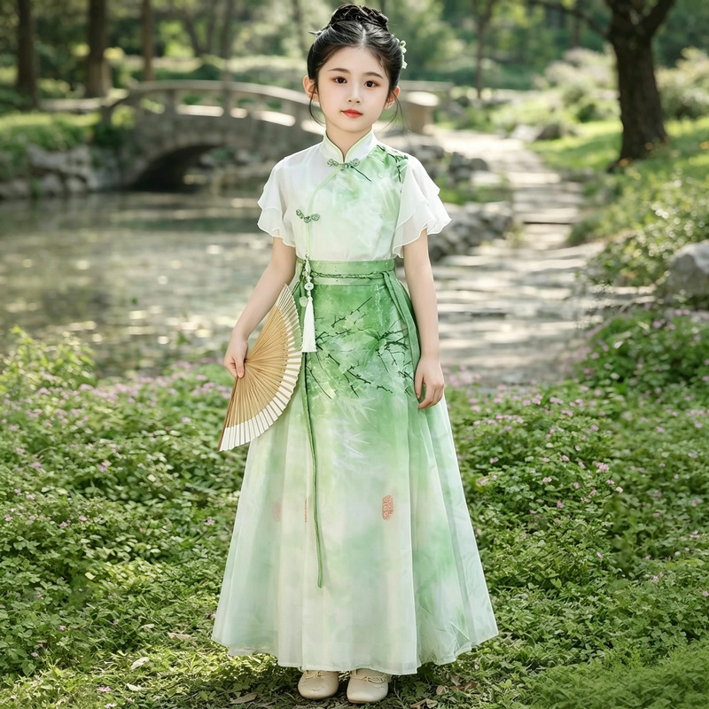 Girls' New Chinese-Style Hanfu Set, Summer 2026 New Model, Children's National Style Horse-Faced Skirt Two-Piece Set, Improved Cheongsam Dress Girls' New Chinese-Style Hanfu Set, Summer 2026 New Model, Children's National Style Horse-Faced Skirt Two-Piece Set, Improved Cheongsam Dress