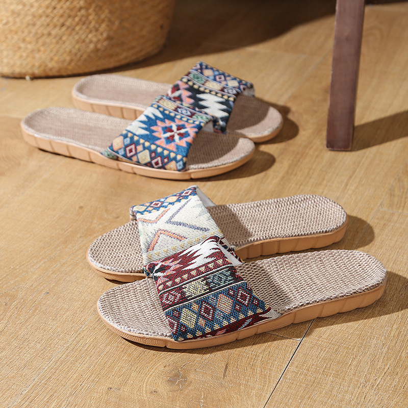 Four Seasons Linen Slippers Home Sandals Breathable Sweat-Absorbent Anti-Slip Couple Plaid Yoga Hemp Slippers Viscose Slippers Summer