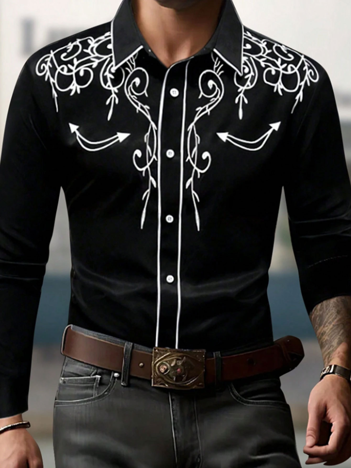 Camisa masculina bordada estilo cowboy – Camisa casual com botões | Mistura de algodão com inspiração vintage_voghion.com