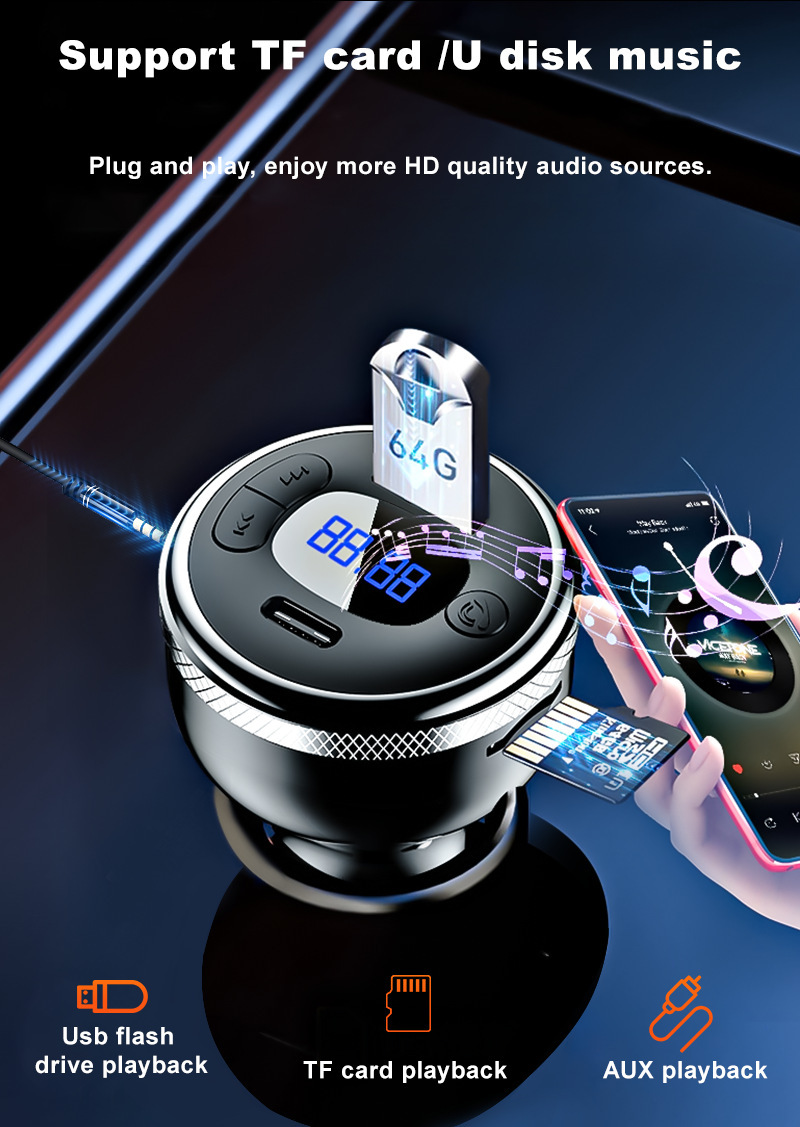 Cross-Border Bluetooth 5.0 Car Mobile Phone Charger Super Fast Charging Digital Display Mp3 Player USB Flash Drive Call Car Charger