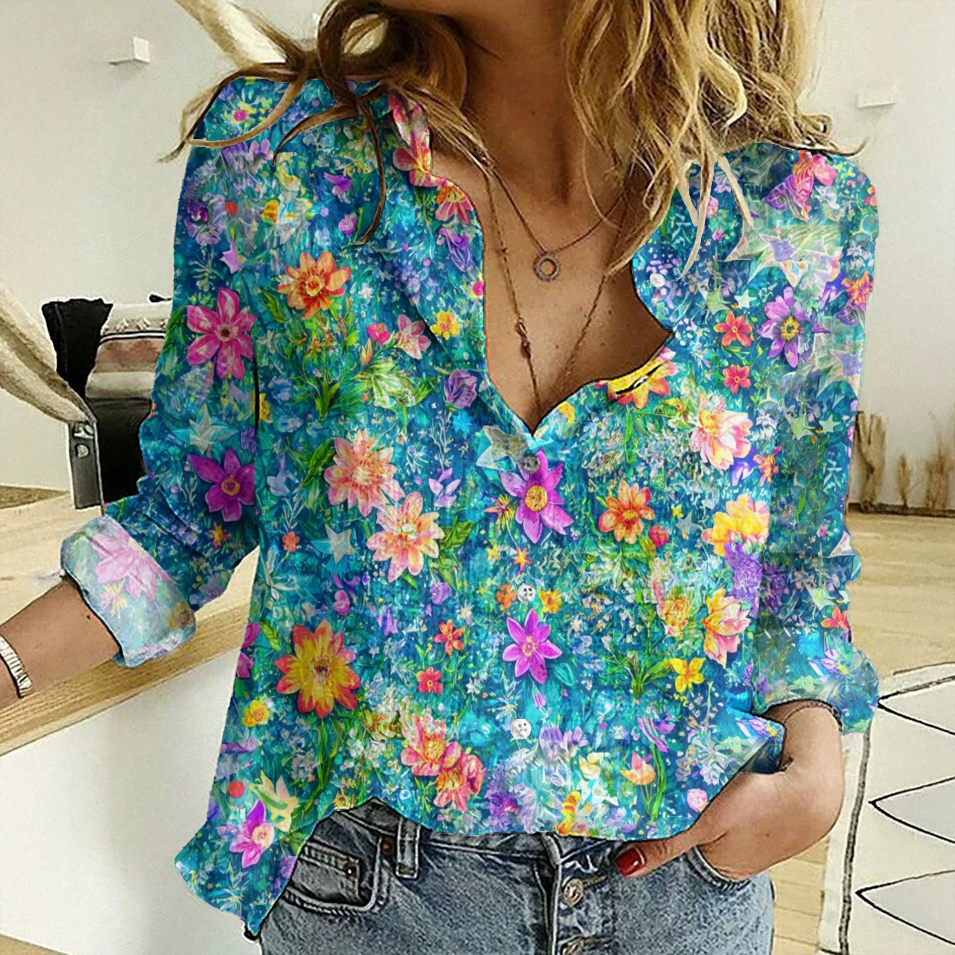 Женская рубашка с градиентной расцветкой, свободного кроя, с длинными рукавами и принтом тай-дай, европейско-американский стиль 2025 года, новинка