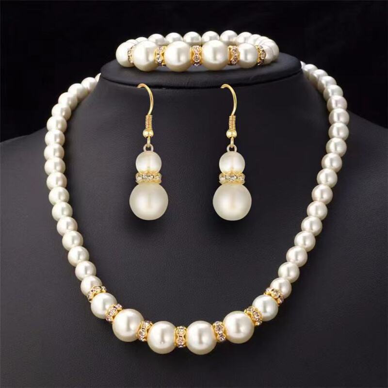 Amazon Wish Imitation Pearl Necklace Bracelet Earrings Set Three-Piece Cross-Border Bridal Set Decoration for Women