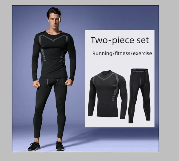 Fitness Clothing Men's Suit Tights Running Quick-Drying Clothing Long-Sleeved Pants Autumn and Winter Fleece-Lined Home Fitness Outdoor Sports