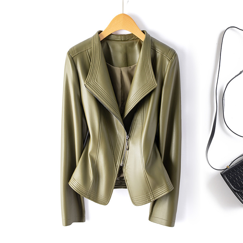 Haining Leather Women's 2025 Biker Women's Leather Jacket plus size Slim-Fit Slimming Leather Jacket Lapel Multicolor 1911