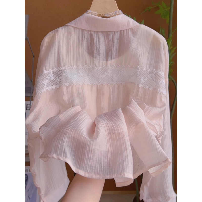 Gentle Pink Thin Sun Protection Shirt for Women Summer Lace Splicing Light and Breathable Cardigan Shirt Jacket