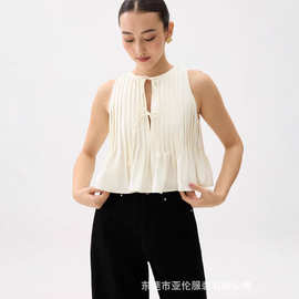 出口衣服訂製 拼接压褶设计衬衫 无袖打条衬衣 womenblouse上衣