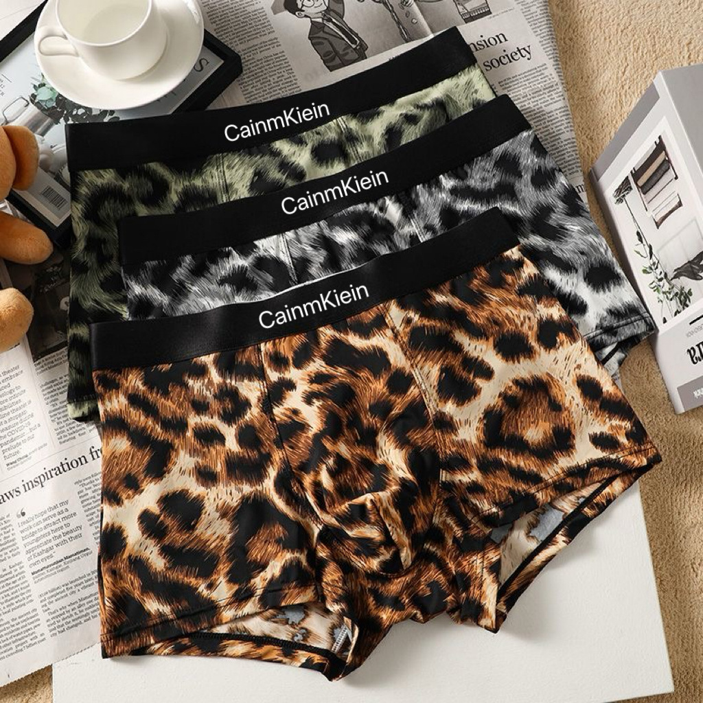 男士内裤豹纹冰丝平角舒适透气男生个性裤头四角短裤潮流爆款中腰
