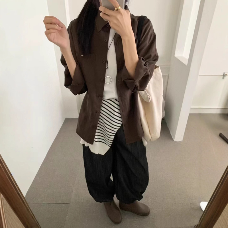 Foreign Trade Factory Produces High-Quality Coffee Brown Shirts, Versize Cut High-End Chocolate Outer Shirts