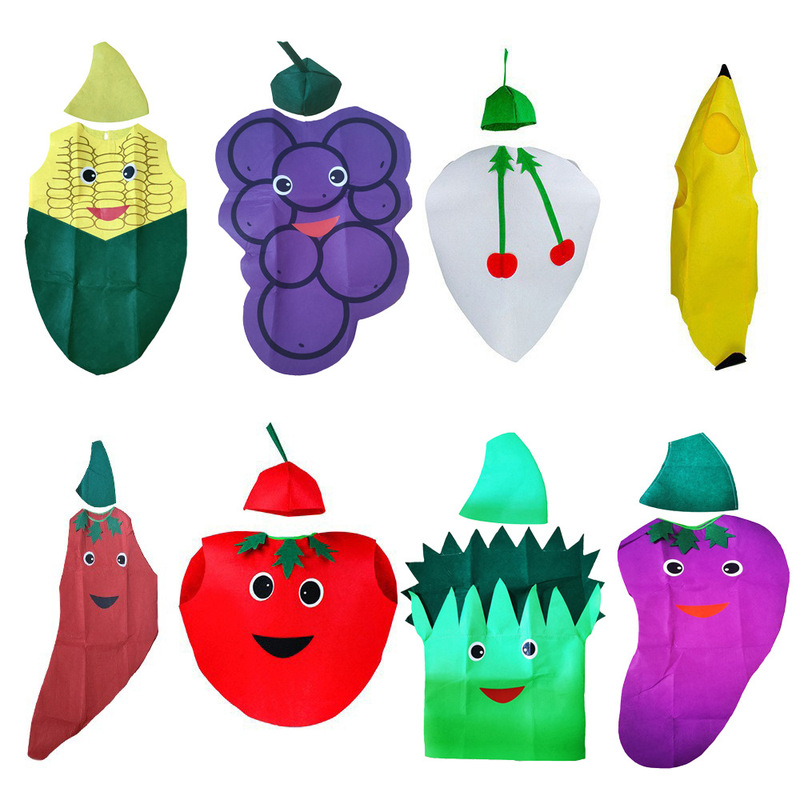 大人の子供の日のショーの服装の不織布の果物のリンゴのバナナの野菜の服の舞台のショーの親子の服|undefined