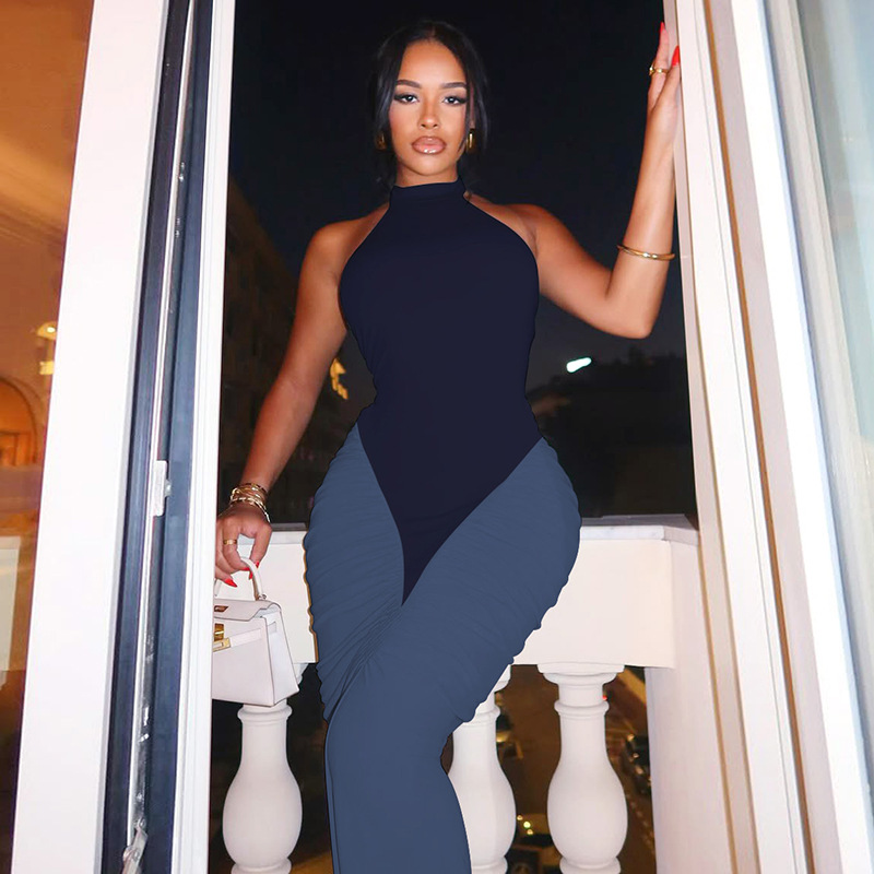 GraceChic European And American Fashion Cross-Border New Sexy Backless Halter Neck Patchwork Color-Block Long Bodycon Dress_voghion.com
