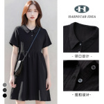真维同款夏季短袖连衣裙女夏黑色小个子娃娃领显瘦中长裙优雅风