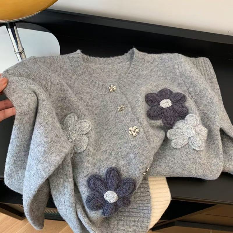 Áo khoác cardigan len dệt kim mềm mại màu xám nữ thiết kế độc đáo — xám chi tiết 2
