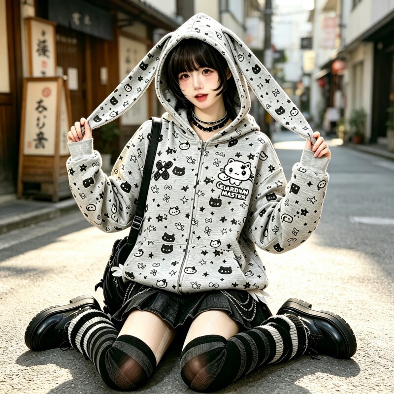 Cute Rabbit Ear Hooded Jacket for Women, Spring and Autumn Loose Casual Cardigan Sweatshirt, Versatile Trendy Long Sleeve Outerwear for Girls Cute Rabbit Ear Hooded Jacket for Women, Spring and Autumn Loose Casual Cardigan Sweatshirt, Versatile Trendy Long Sleeve Outerwear for Girls