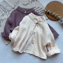 文艺森系感 2024春韩国儿童棉麻立领衬衫 长袖宽松肌理纹麻衫批发