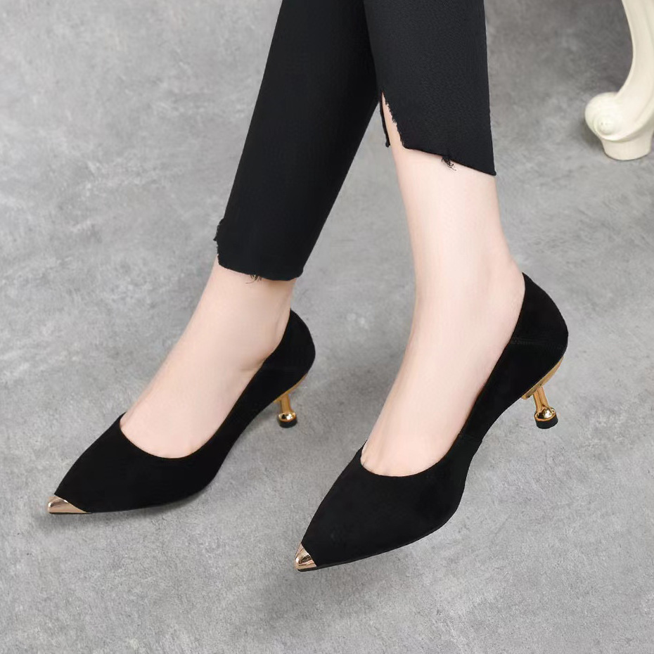 Golden shoes stiletto heels low-cut, black high heels, genuine leather, Korean style, work shoes, easy to put on