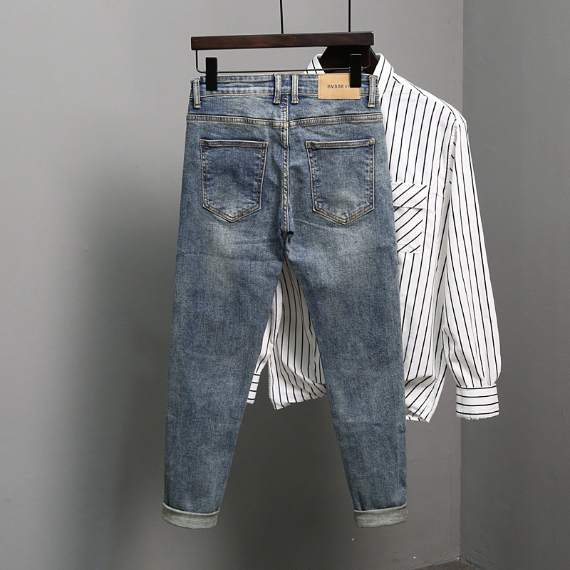 Men's Korean-style Trendy Jeans Brand Blue Cropped All-match Spring New Slim-fit Stretch Long Pants