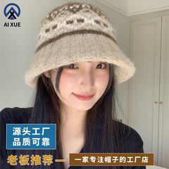 2025新款费尔岛针织渔夫帽女秋冬保暖时尚显脸小绒线水桶帽毛线帽