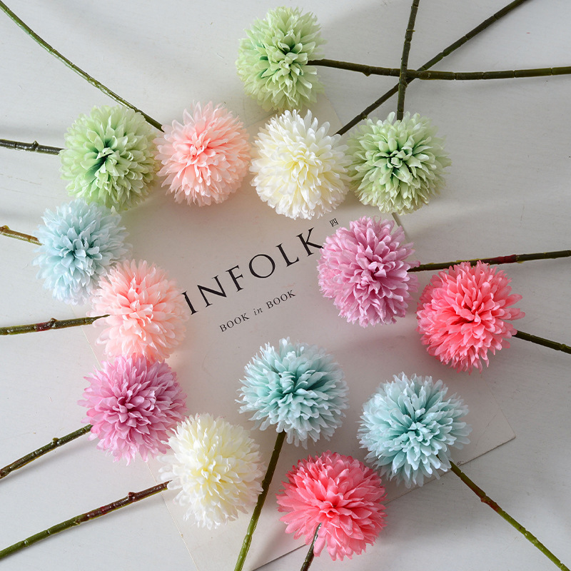 Autumn color single head simulation flower dandelion ball chrysanthemum fake flower home living room decoration wedding studio props wholesale