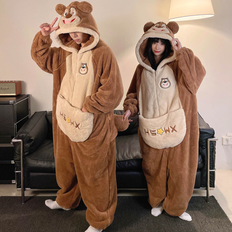 ワンピースのカップルのパジャマの女性の珊瑚の絨毯は厚いです。秋冬の男性のファスナーのフランネルの家の服は一体になります。|undefined
