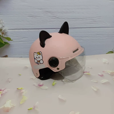 Motosiklet kaskı (dəbilqə) | children's helmet cute cartoon - writing-cat-light-pink-and-white-short-black-cat-ears-7-15-years-old