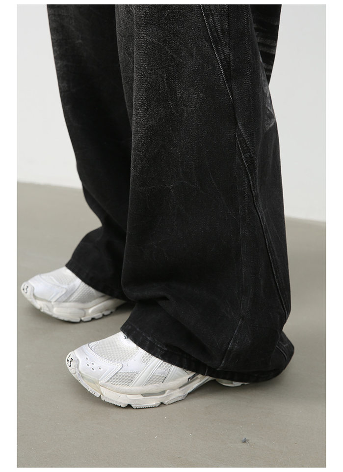 Quần jean nam ống đứng rộng rãi phối mảng giải cấu trúc, denim giặt nước — Đen xám chi tiết 15