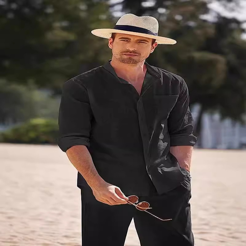 Cross-Border European and American Sports Suits Men's Beach Casual Loose Suits Long-Sleeved Shirts Trousers Work Clothes Foreign Trade Solid Color