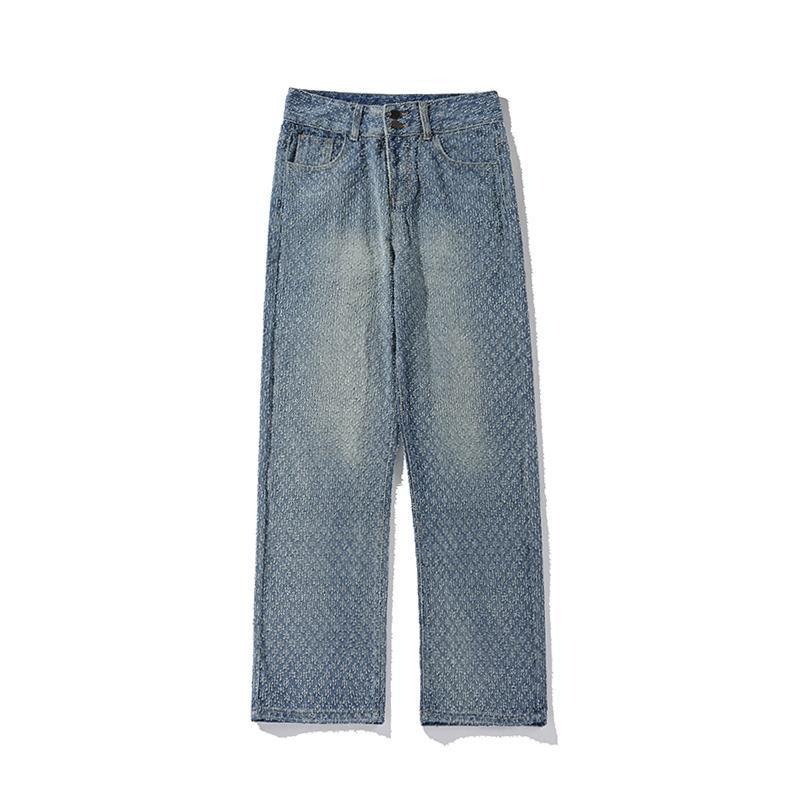 Wide-leg Pants Men's Jacquard Full Print Jeans Old High Street Straight Pants_mkmklike.com