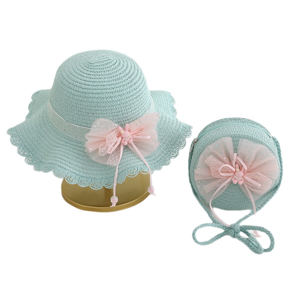 Verano nuevo sombrero para niños sombreado sombrero de paja bolso de dos piezas lindo encaje flor niña sombrero de playa al por mayor