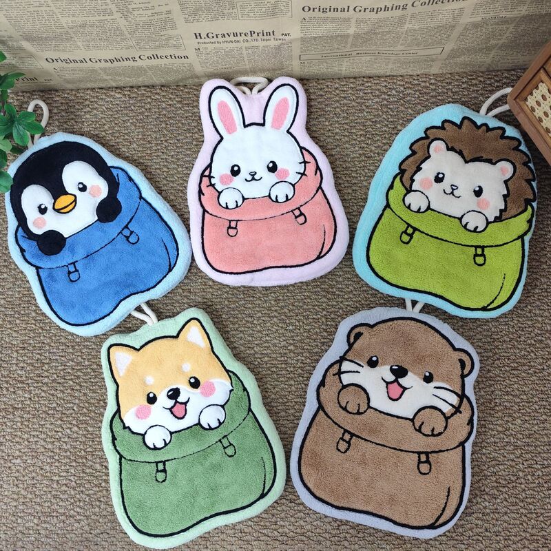 Cartoon pocket cute pet hand towel, soft and fluffy, children's adorable coral fleece, absorbent, with hanging strap, multi-use for kitchen and bathroom