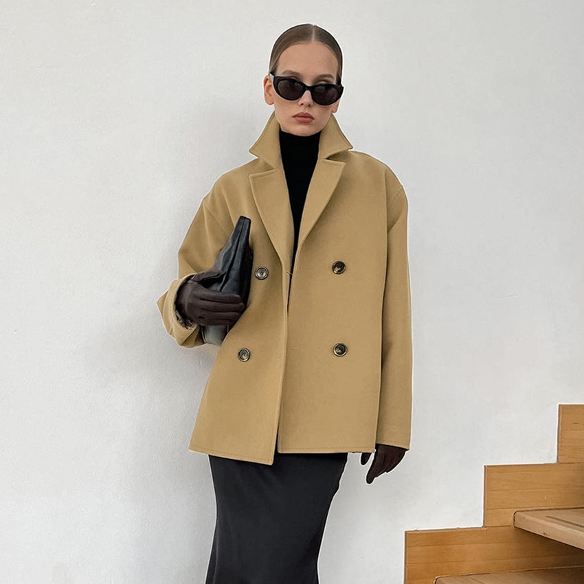 Dameskleding herfst en winter temperament wollen jas halflange losse verdikte bruine dubbele rij knopen wollen jas forensenkleding voor dames_voghion.com