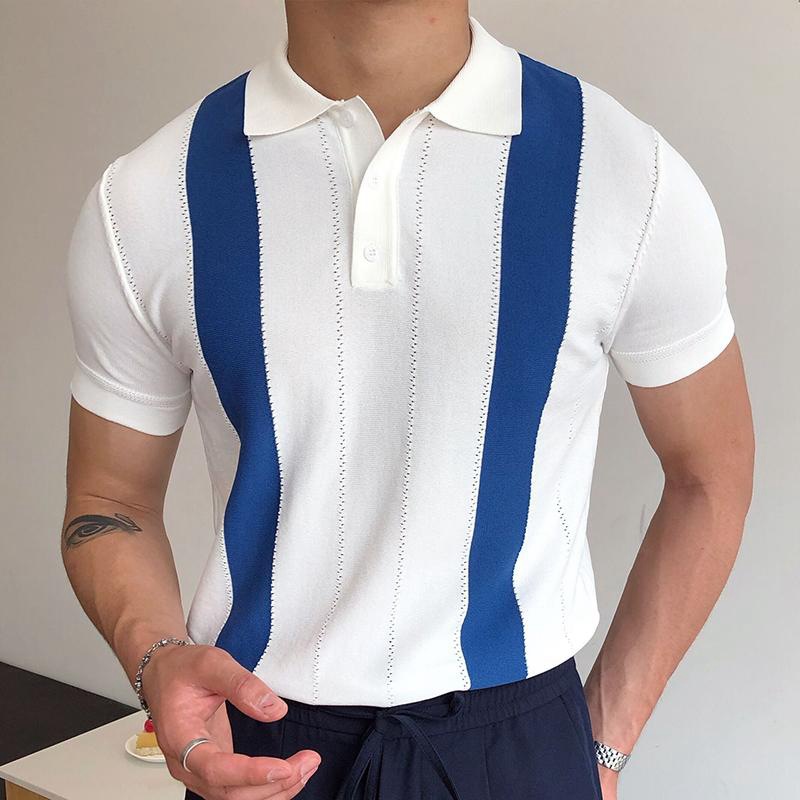Foreign trade independent station new men's summer short-sleeved sweater white striped slim polo shirt SY0096