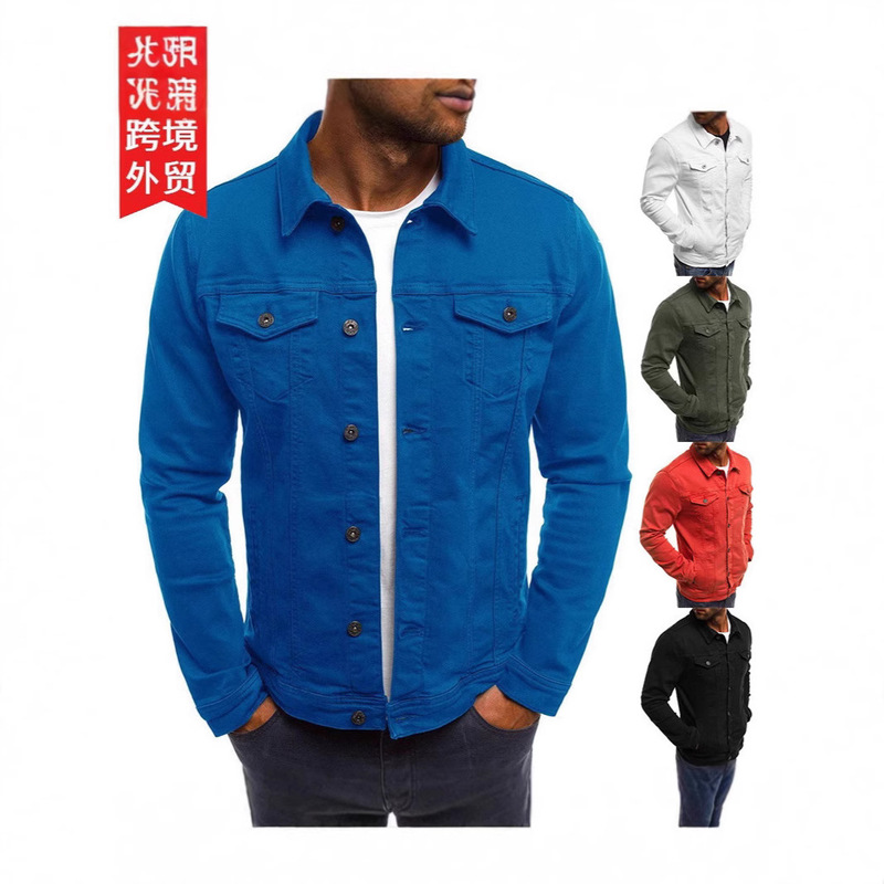 Men's Jacket European Size Foreign Trade Cross-border Spring and Autumn Jeans Jacket Slim Fit Workwear Solid Color Thick Shirt Jacket for Men