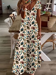 Maternity Dress V Neck Printed V Neck Puff Sleeve Long Dress
