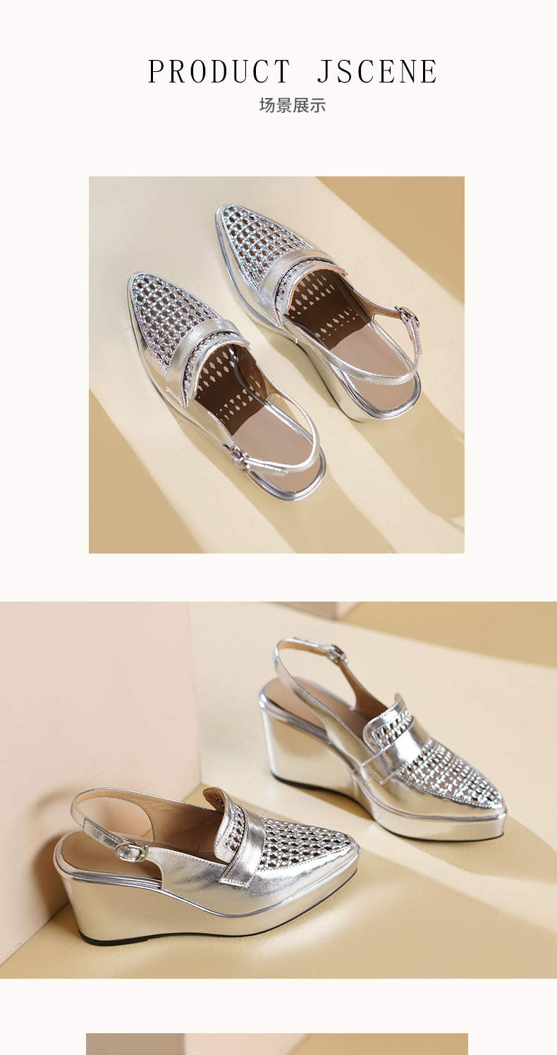 Sandal cao gót nữ quai ngang mũi nhọn đế xuồng 9cm dệt lỗ thoáng khí — vàng, bạc chi tiết 6