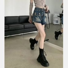 2025复古水洗工装口袋高腰牛仔裤韩版宽松阔腿短裤女#