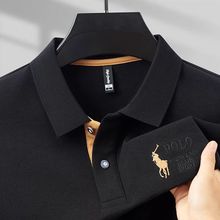 跨境高克重马标男士长袖T恤春季新款中年翻领宽松休闲POLO打底衫