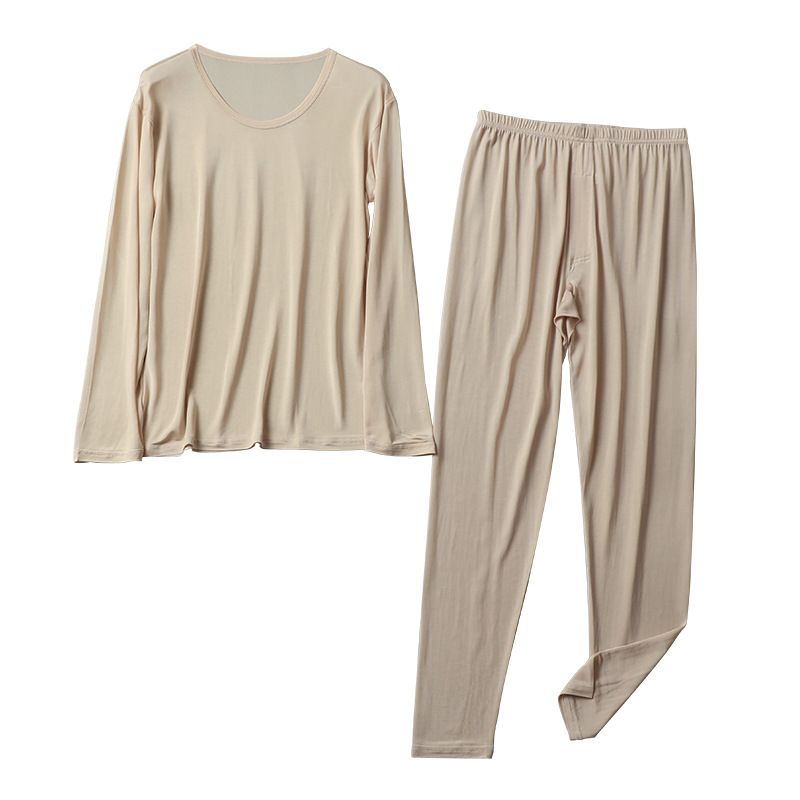 Men's Crew Neck Natural Mulberry Silk Thermal Base Underwear Silk Autumn Clothes Long Sleeve Thin Pajamas Set