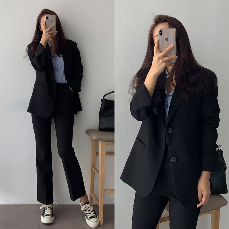 秋小西装女两粒扣休闲气质西服工作装职业装面试黑色上衣显瘦潮|undefined