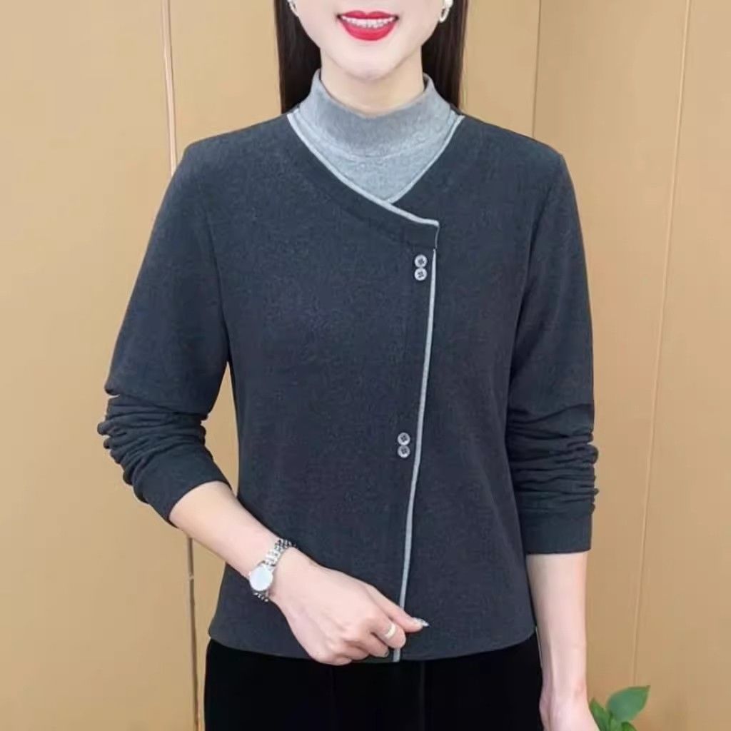 双面德绒半高领拼接假两件打底衫气质中年女装秋冬纯色长袖上衣