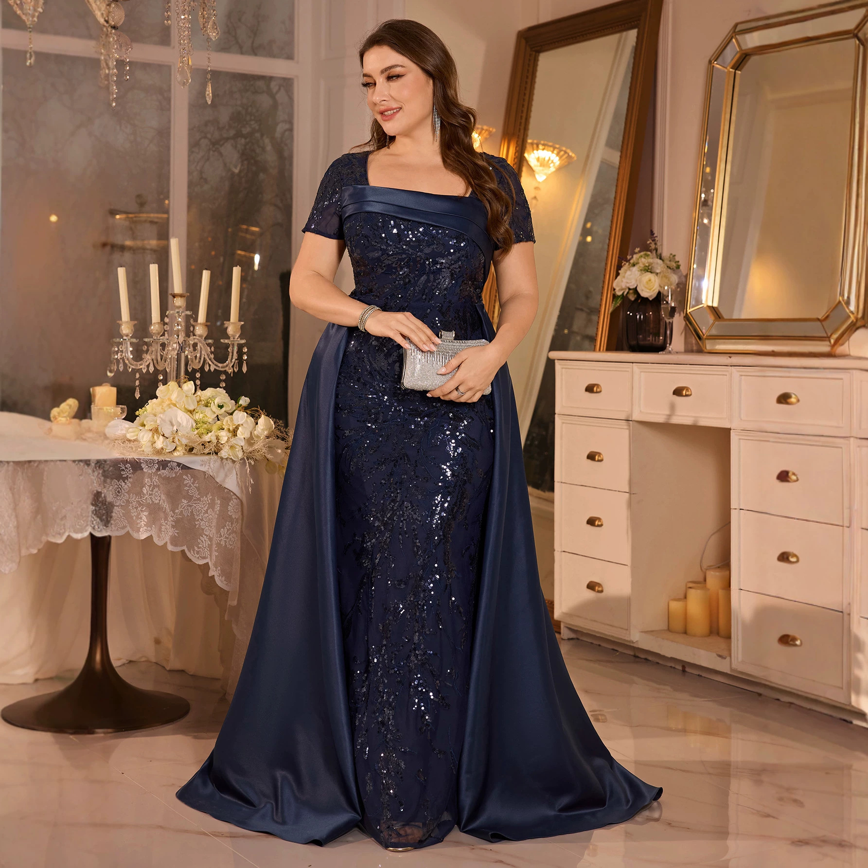 Elegant Long Evening Dress European American Style plus Size Square Neck Hand Pleated Sequined A-Line Banquet Dress Satin_ecoleips.com