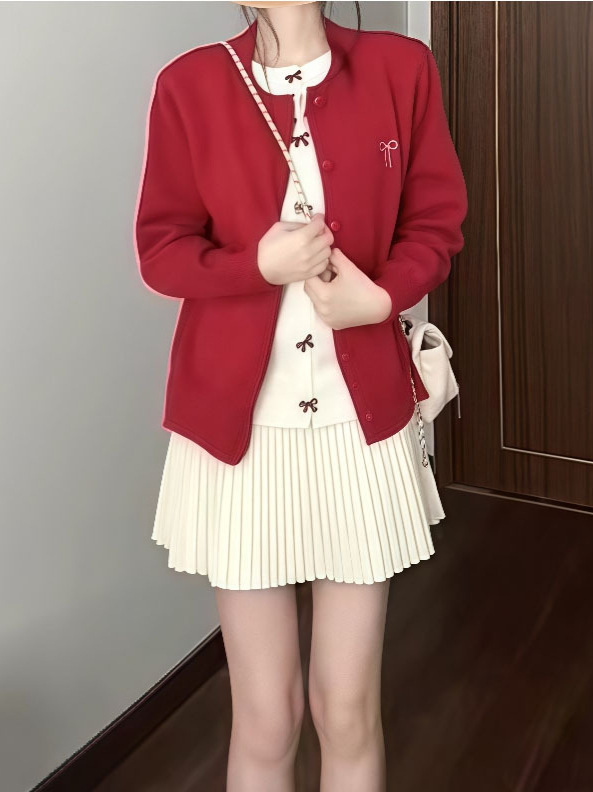 一整套入秋ootd穿搭独特好看红色假两件针织毛衣半身裙两件套装|undefined