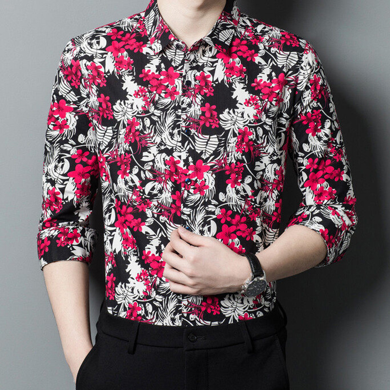 Camisas jóvenes de mediana edad de alta gama para hombres primavera y otoño tendencia floral coreana camisa de algodón nueva camisa floral de manga larga