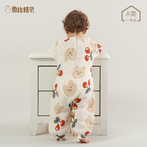 Baby thin gauze cotton one-piece spring and autumn newborn baby long-sleeved Category A pure cotton jumpsuit home crawling suit