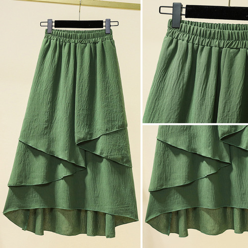 Plus-size women's summer fashion trendy casual comfortable loose textured cotton-linen irregular maxi skirt