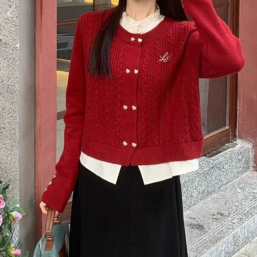 小香风外套刺绣设计感假两件宽松短款开衫红色毛衣少女风针织衫女|undefined