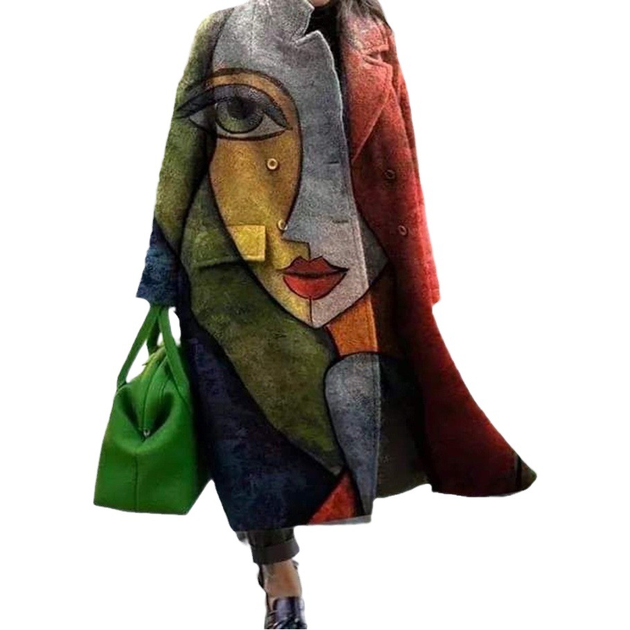 2027 New Cross-Border European and American Autumn Foreign Trade Women's Clothing Amazon Long-Sleeve Lapel Coat Printed Woolen Large-Size Trench Coat