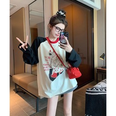 官図21本の純綿長袖tシャツ女性春と秋の薄いタイプの肩の袖の潮の丸首の底のシャツの上着の大きいサイズの婦人服