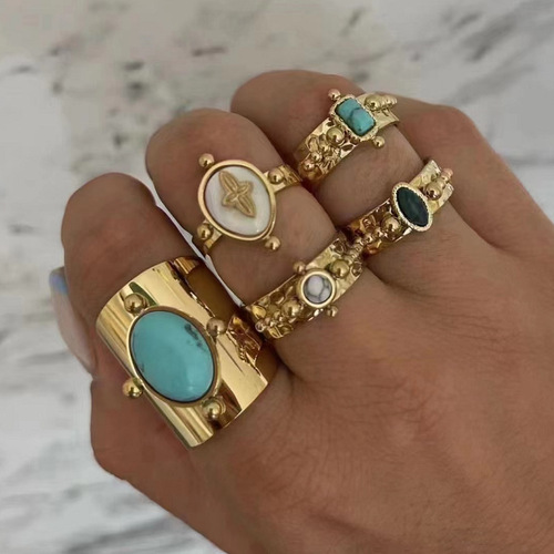 European and American retro ins titanium steel ring wholesale natural stone shell fashion new product non-fading open ring
