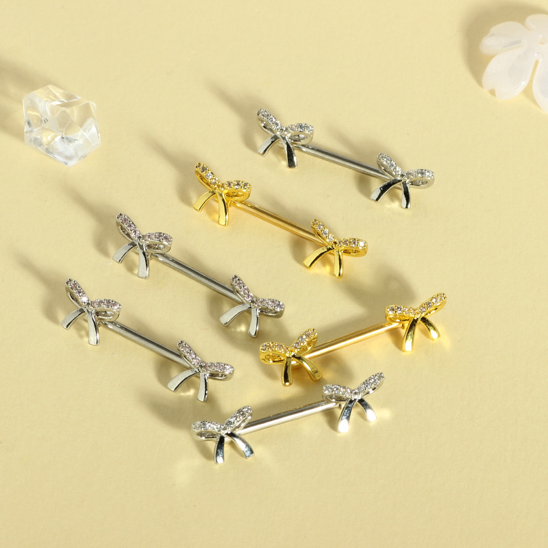 Cute Pink 16G Stainless Steel Bow Zircon Nipple Ring Exquisite Nipple Jewelry Pair detail image 7