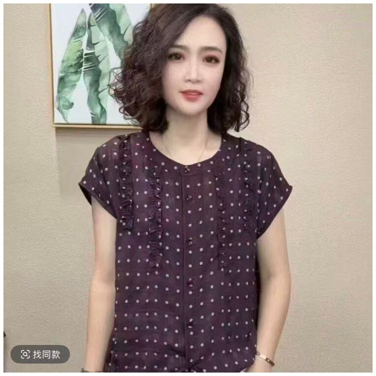 Dropshipping fashion polka dot round neck short-sleeve shirt for women, summer versatile top for middle-aged and elderly mothers Dropshipping fashion polka dot round neck short-sleeve shirt for women, summer versatile top for middle-aged and elderly mothers